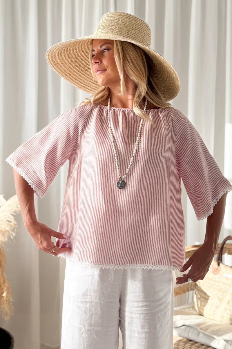 Alessia pellavapaita, pink stripe + white lace