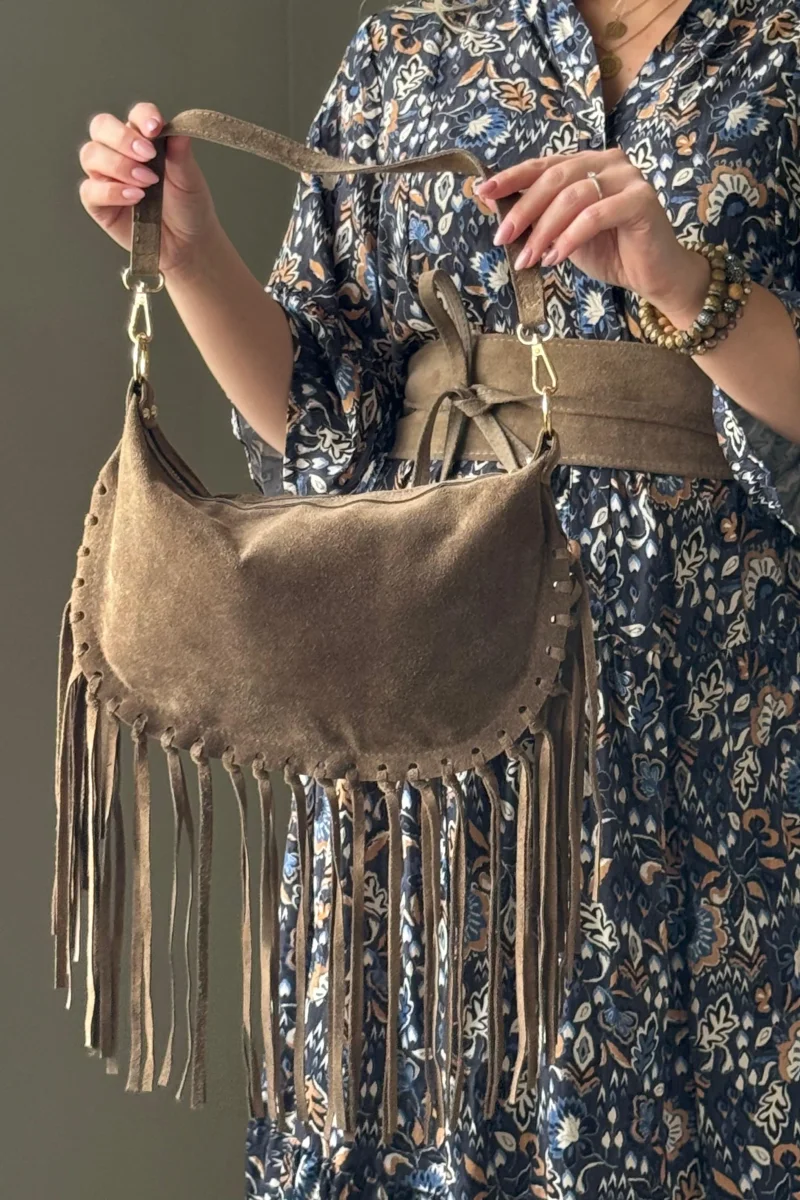 Boho Fringe nahkalaukku, konjakki